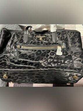 Michael Kors Black Satin Leopard Jacquard Tote with Gold Hardware